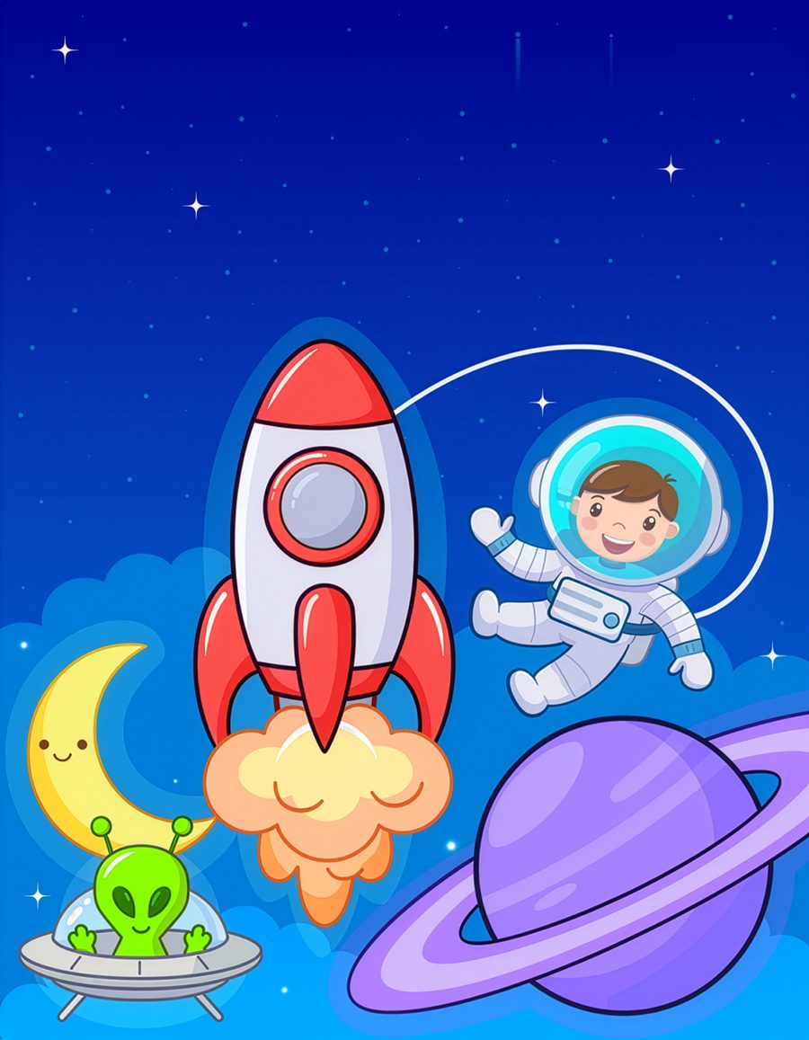 Cover art for Space & Rocket Ships, an A&B Coloring Adventures coloring book for kids ages 3–8