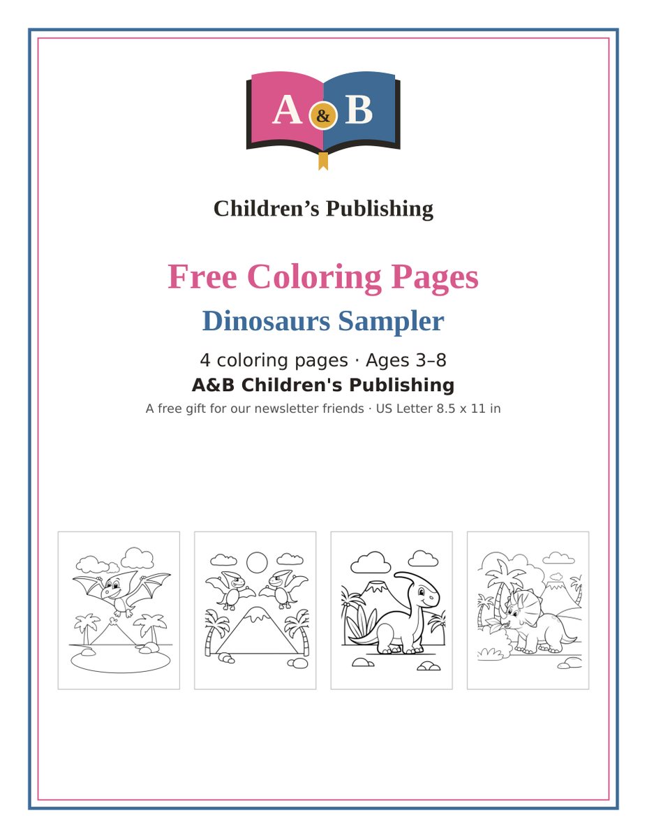 Cover and page previews of free coloring sampler 2: 4 sample coloring pages, ages 3–8