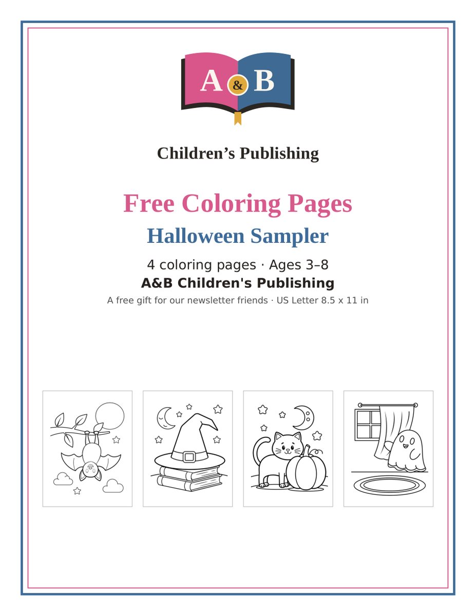Cover and page previews of free coloring sampler: 4 sample coloring pages, ages 3–8