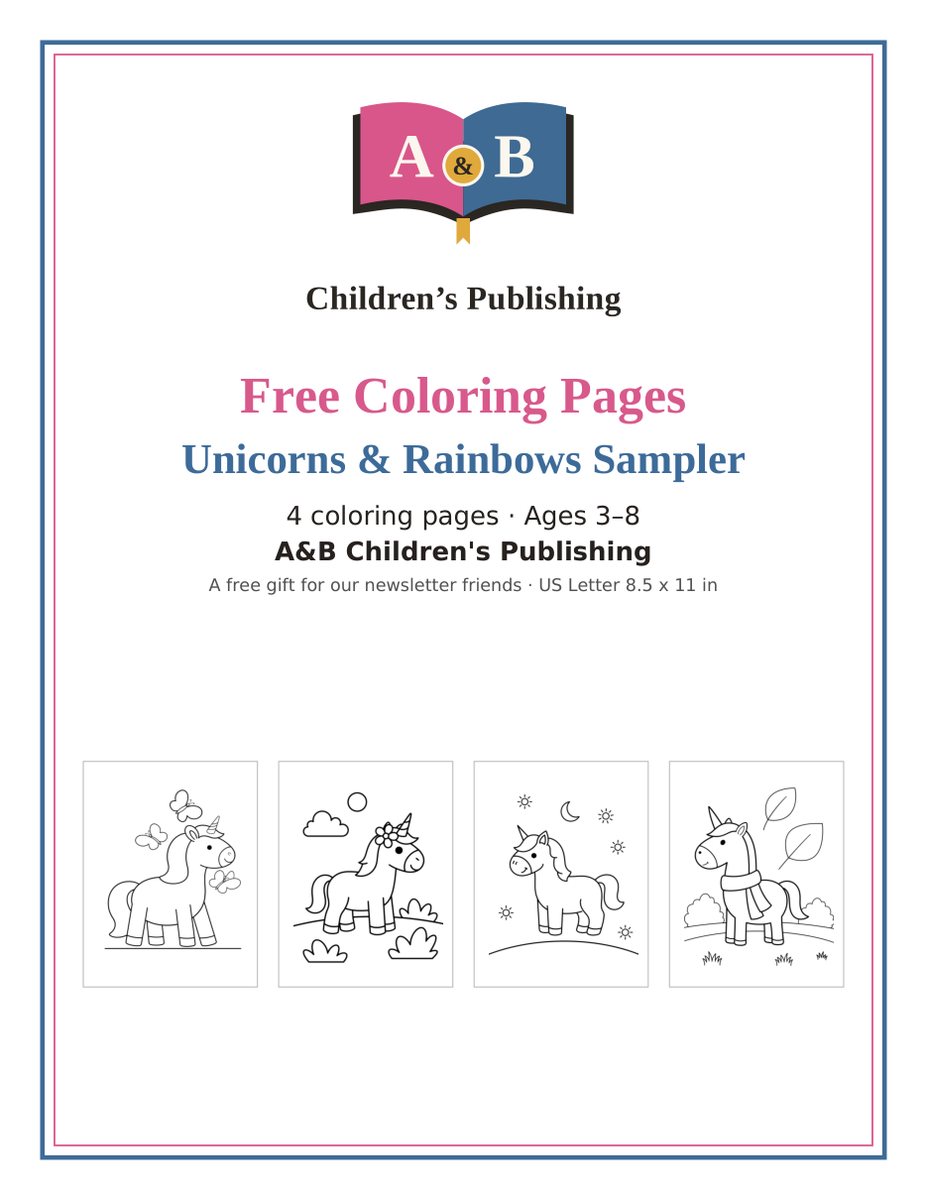 Cover and page previews of free coloring sampler 3: 4 sample coloring pages, ages 3–8