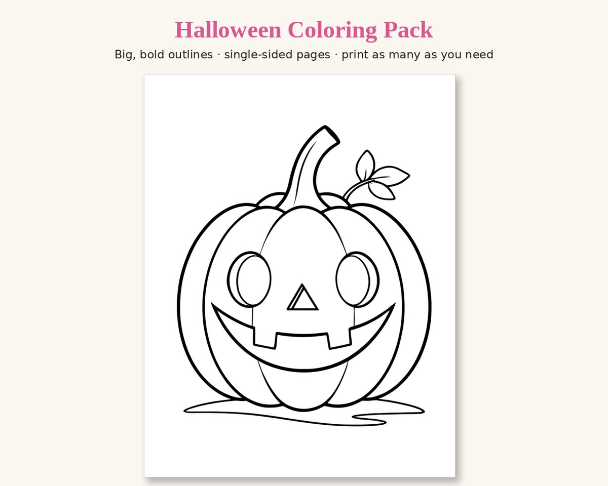 Sample page from the Halloween Printable Coloring Pack: a smiling jack-o'-lantern with a curly vine, in thick black outlines