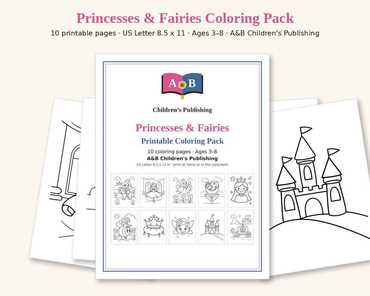 Cover of the Princesses & Fairies Printable Coloring Pack with small previews of all 10 pages: princess riding a pony, princess dancing in a ballroom, fairy with a wand among flowers, fairy asleep in a tulip, princess portrait, fairy riding a bumblebee, crown on a cushion, smiling fairy face, castle on a hill, horse-drawn carriage