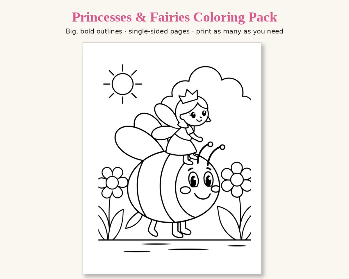 Sample page from the Princesses & Fairies Printable Coloring Pack: a fairy princess riding a smiling bumblebee among flowers, in thick black outlines