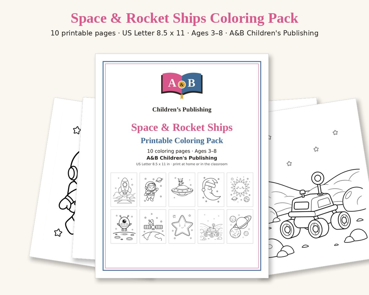 Cover of the Space & Rocket Ships Printable Coloring Pack with small previews of all 10 pages: rocket lifting off, astronaut waving, alien standing on a flying saucer, sleepy moon in a nightcap, smiling sun, one-eyed alien on the moon, satellite over Earth, smiling star, moon rover, planets