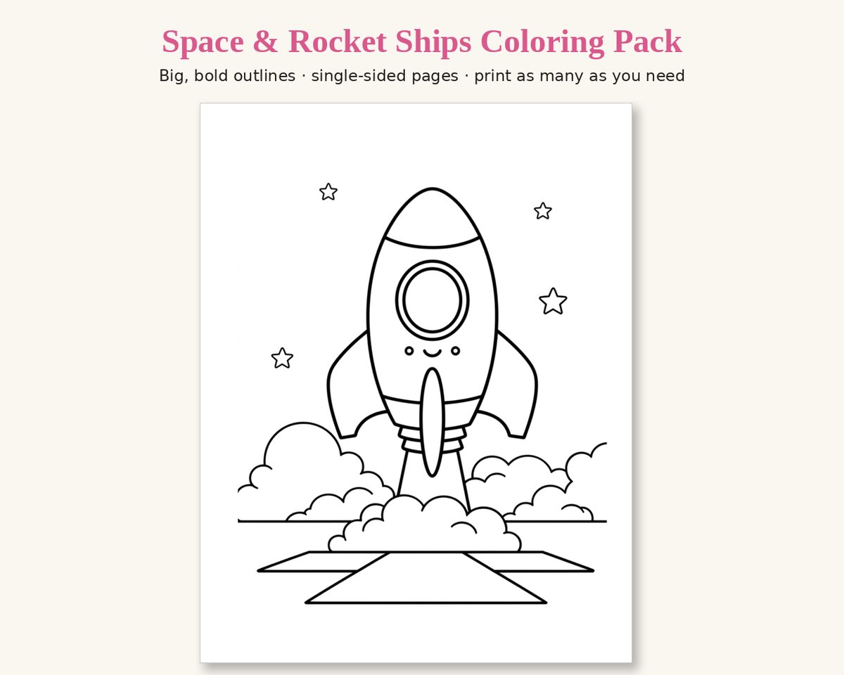 Sample page from the Space & Rocket Ships Printable Coloring Pack: a smiling rocket ship lifting off in clouds of smoke, in thick black outlines
