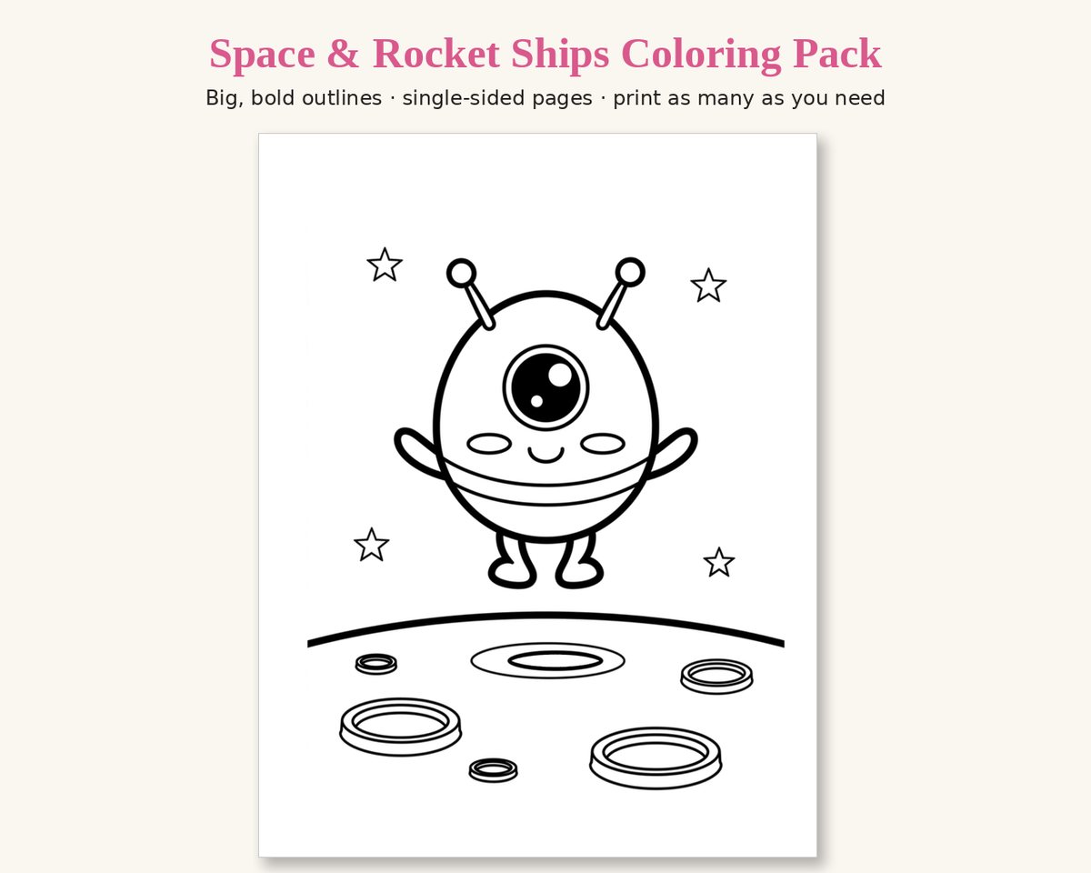 Sample page from the Space & Rocket Ships Printable Coloring Pack: a friendly one-eyed alien standing on a cratered moon among stars, in thick black outlines