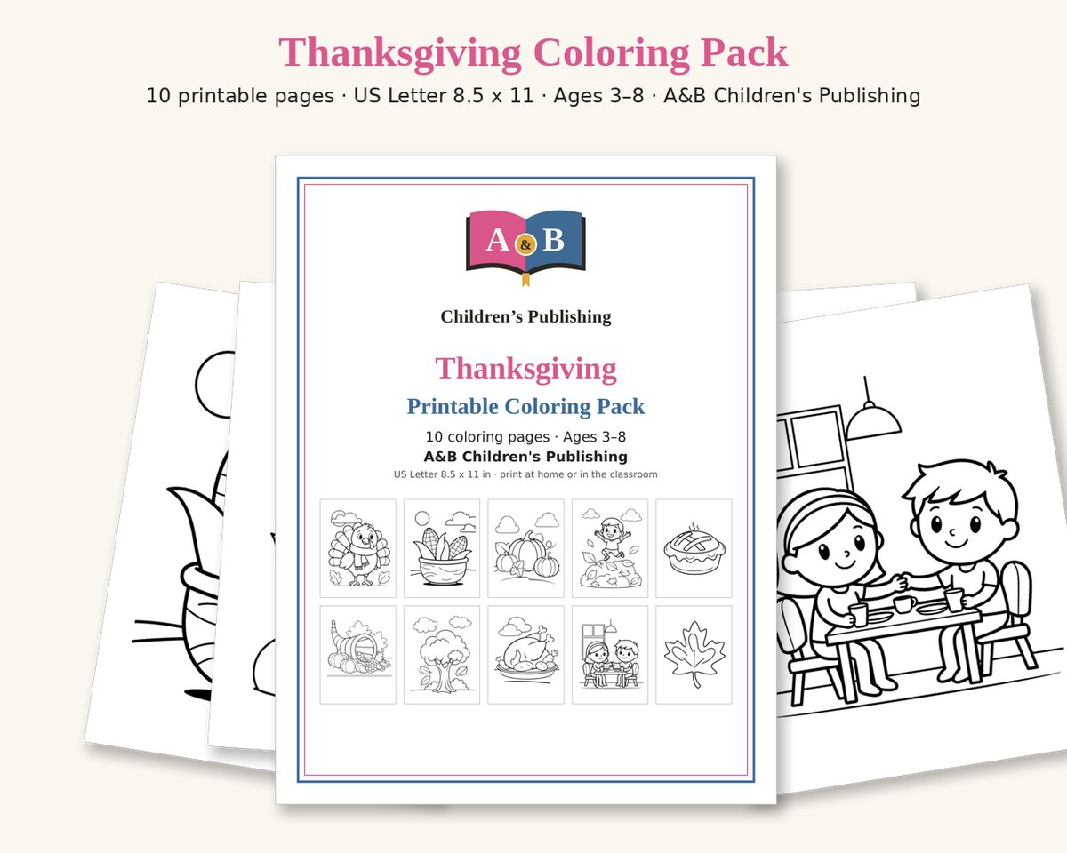 Cover of the Thanksgiving Printable Coloring Pack with small previews of all 10 pages: turkey in a scarf, bowl of corn, pumpkins, child jumping in leaves, pie, cornucopia, fall tree, roast turkey platter, two children at the table, big maple leaf