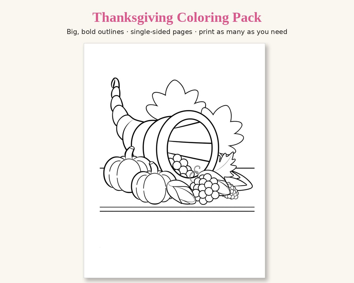 Sample page from the Thanksgiving Printable Coloring Pack: a cornucopia spilling pumpkins, grapes and corn, with big fall leaves, in thick black outlines