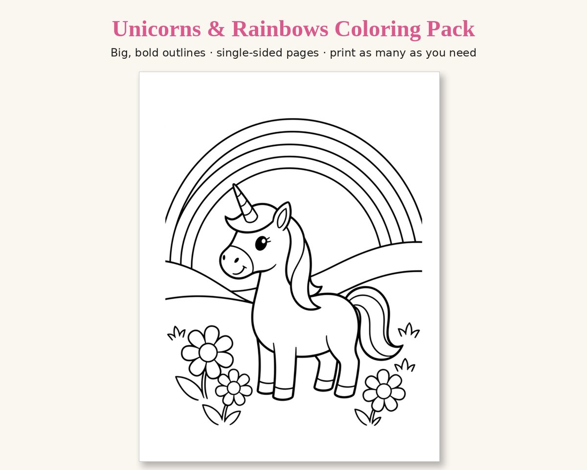 Sample page from the Unicorns & Rainbows Printable Coloring Pack: a unicorn standing in a flower meadow under a rainbow, in thick black outlines